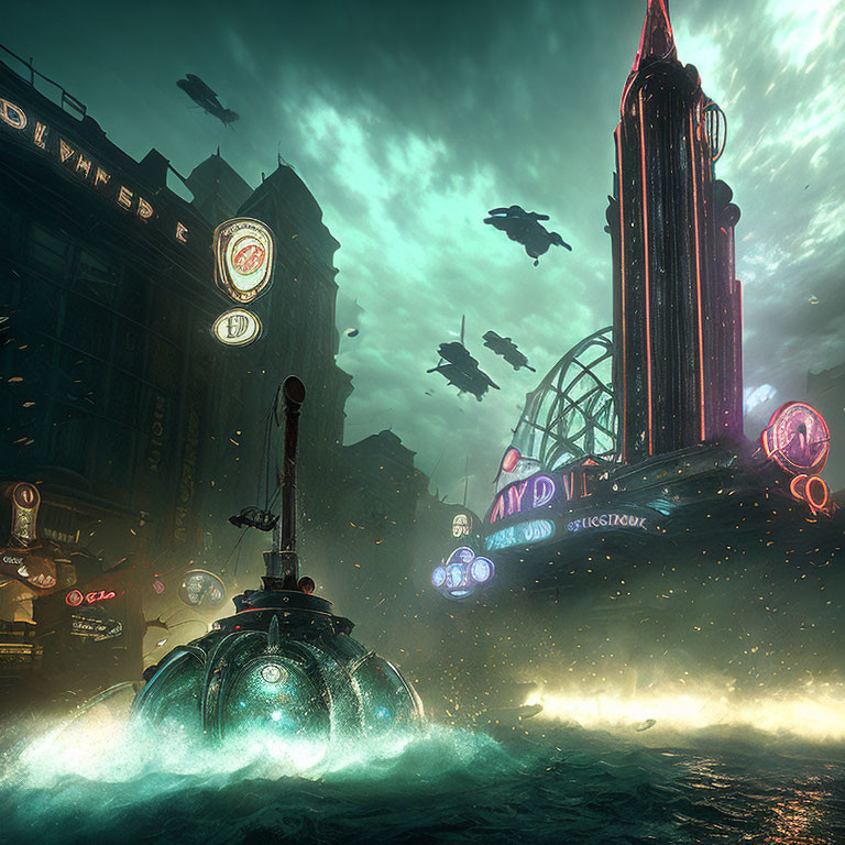 Futuristic Neo-Noir Cityscape with Submarine and Flying Vehicles