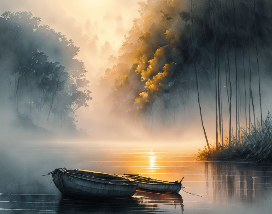 Sunrise River Scene: Two Boats, Golden Light, Forest, Soft Fog