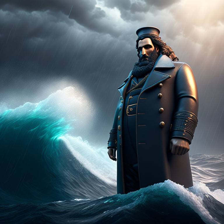 Bearded figure in naval coat against stormy ocean backdrop