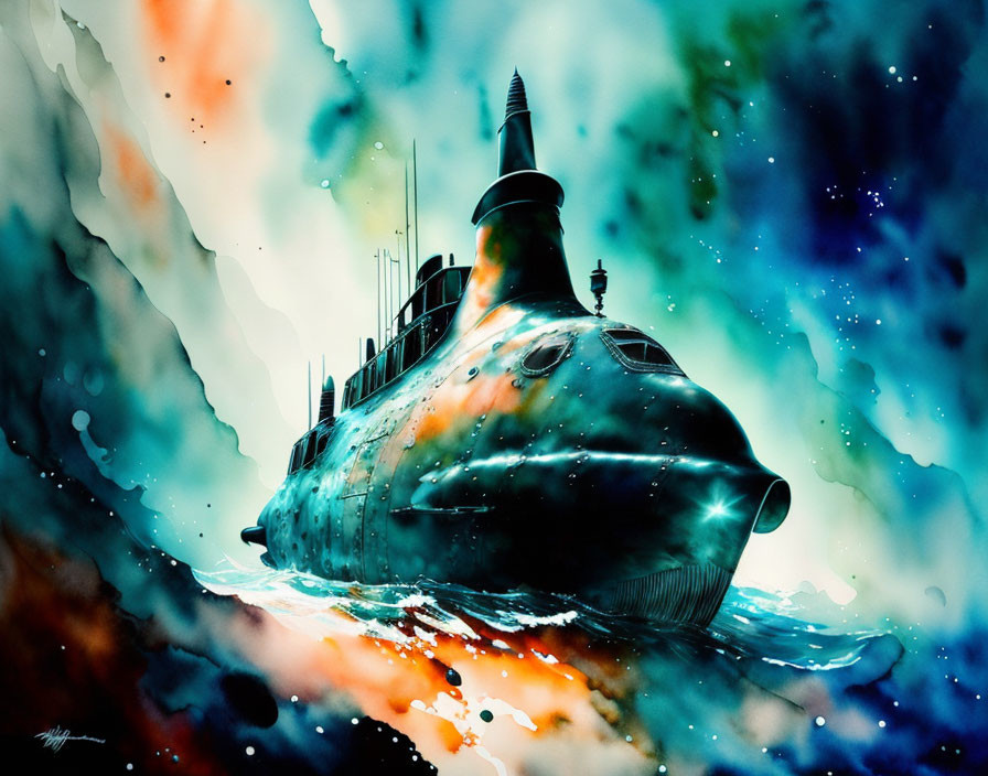 Colorful submarine emerging from water in vibrant, surreal setting