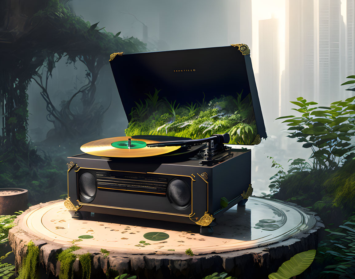 Vintage record player with greenery on tree stump in foggy forest