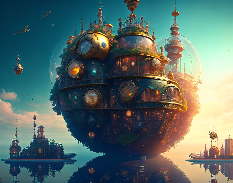 Spherical city with ornate buildings and circular windows in sunset sky