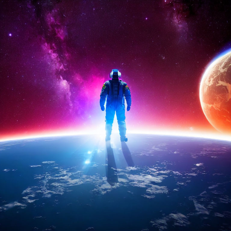 Astronaut standing on planet with purple galaxy and Earth-like planet horizon