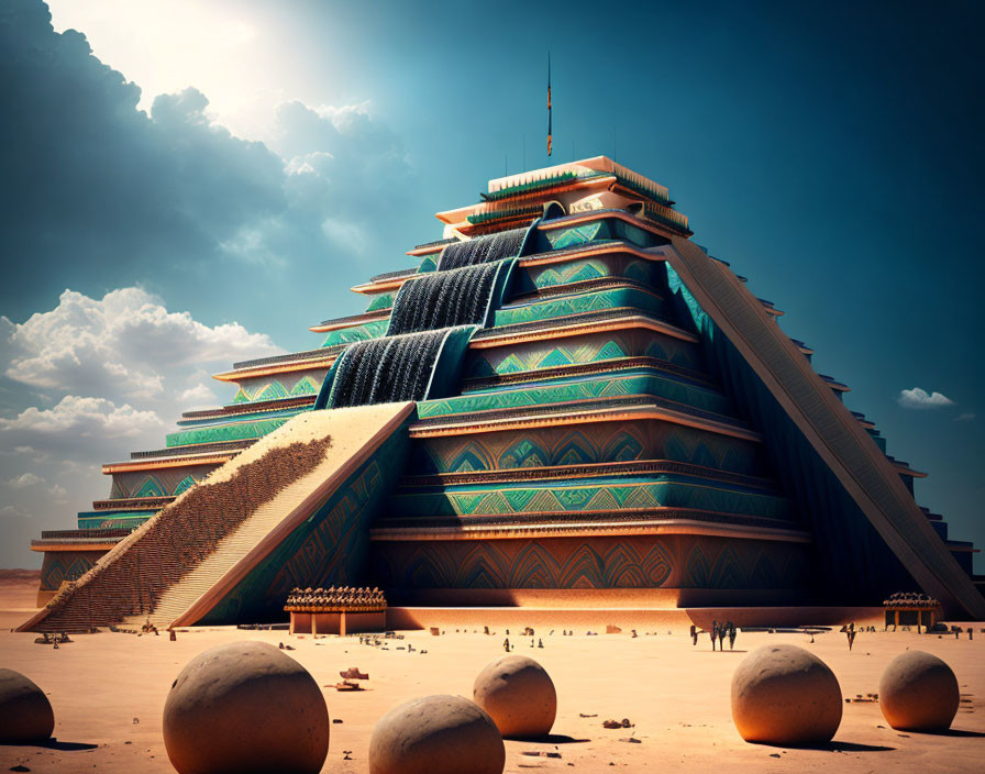 Ziggurat-style Desert Structure with Waterfalls and Ornate Designs