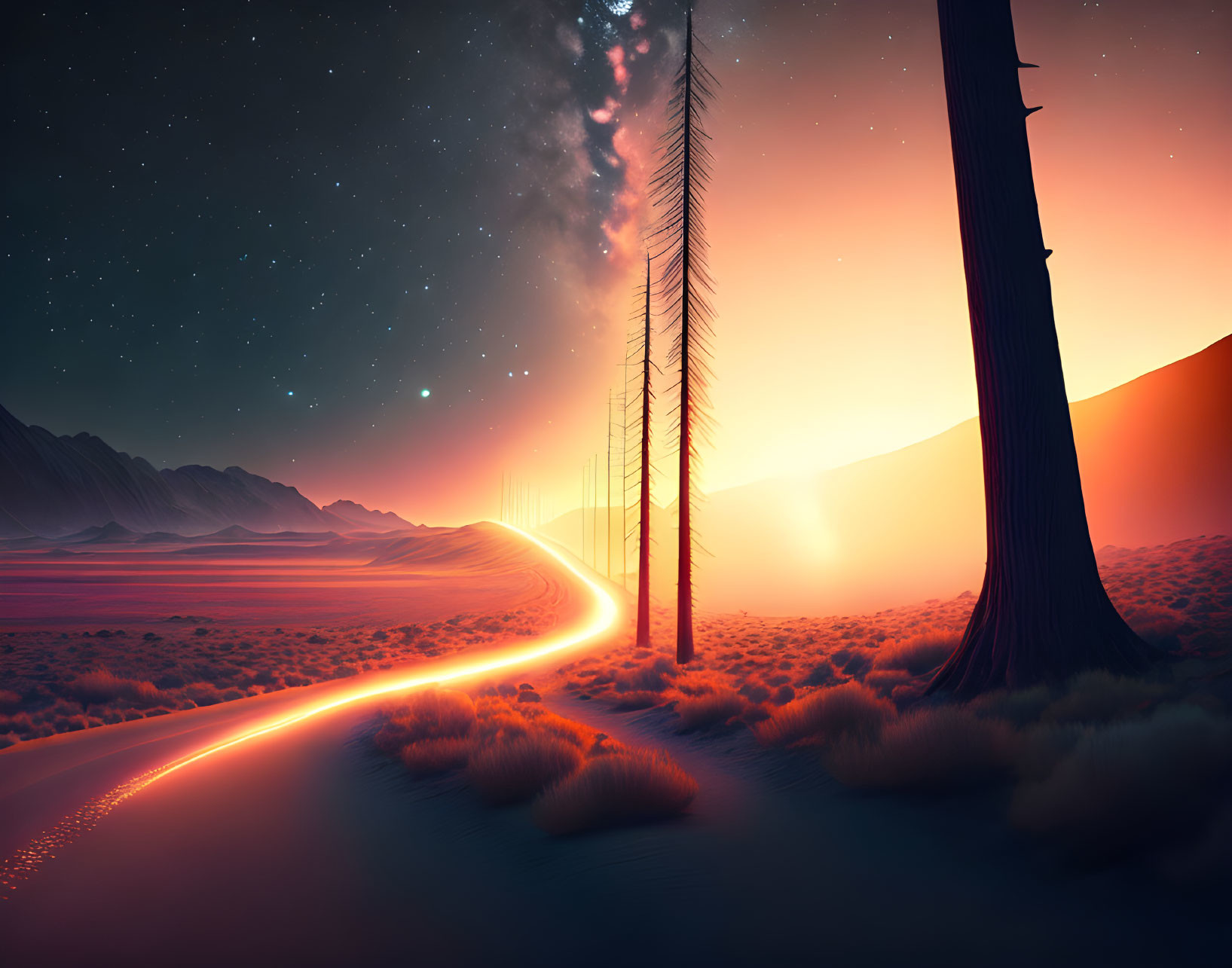 Surreal landscape with tall trees, glowing trail, starry sky, and sunrise/sunset horizon