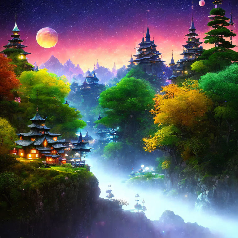 Fantasy landscape with illuminated buildings in starlit forest