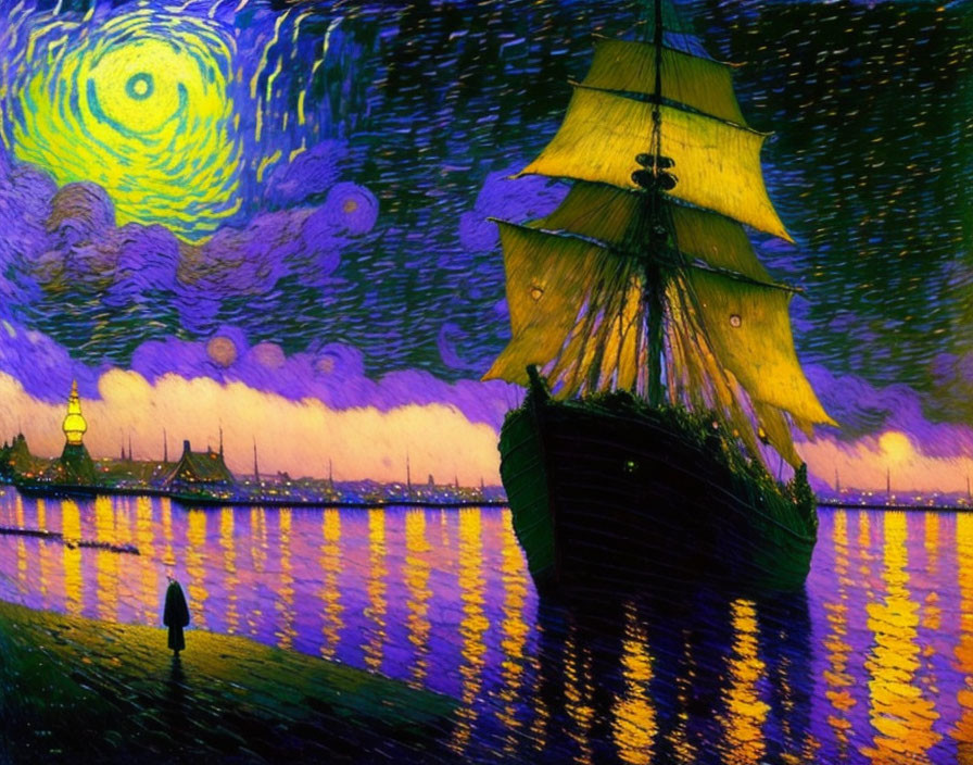 Colorful ship painting with starry night sky and swirling patterns, reflecting in water.