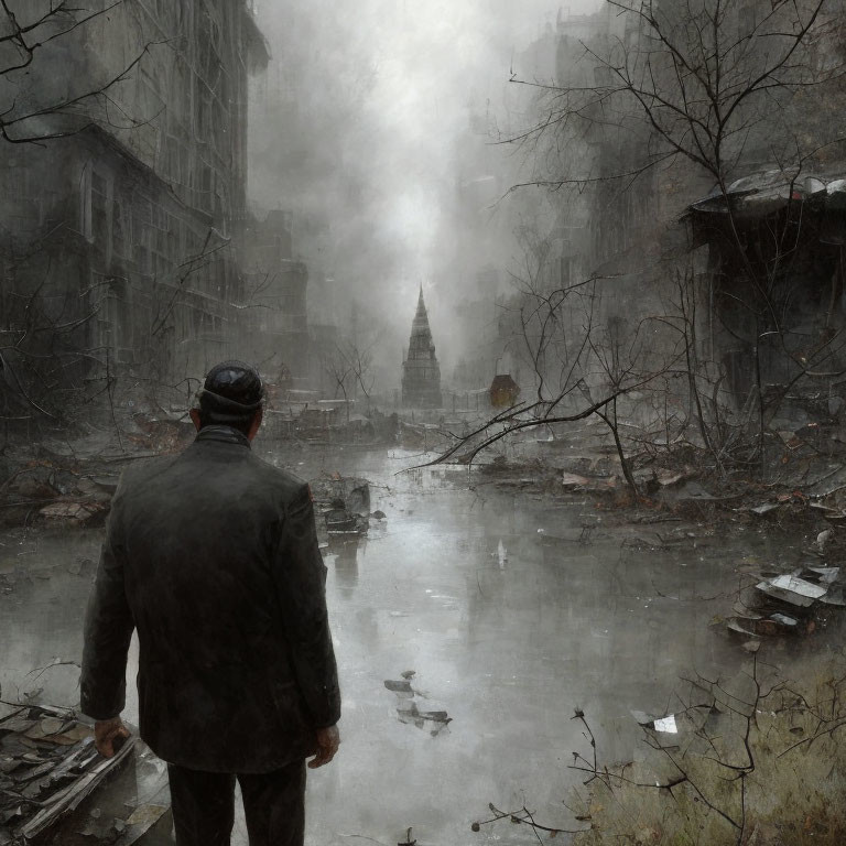 Foggy cityscape with ruined buildings, flooded street, and shadowy tower