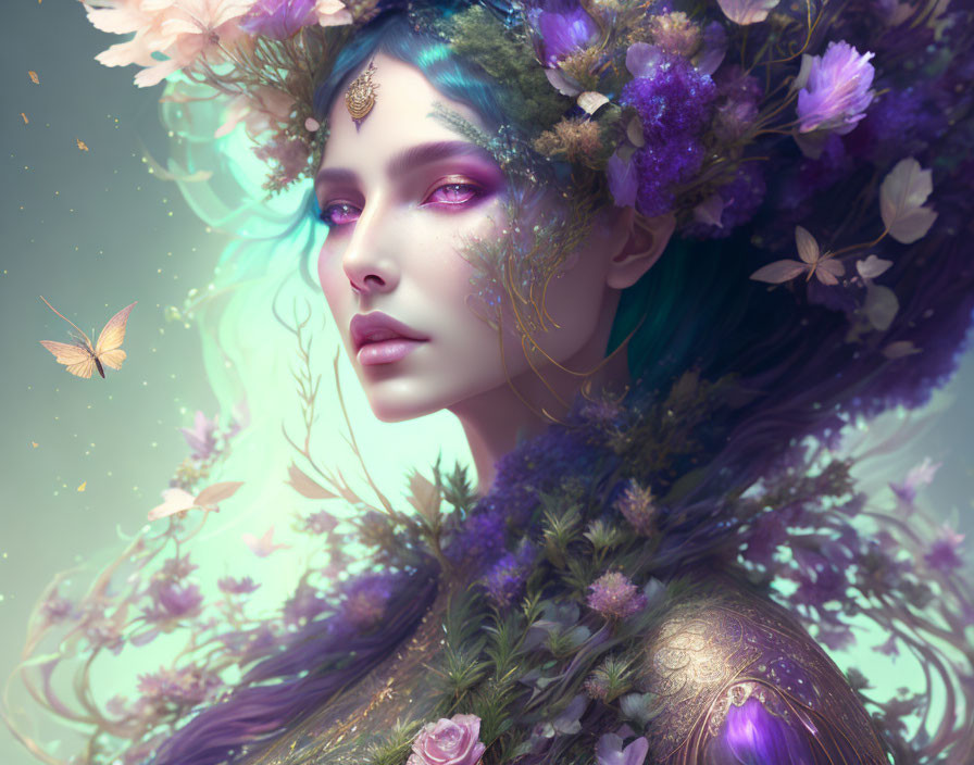 Violet-skinned woman with floral crown and butterflies in ethereal scene