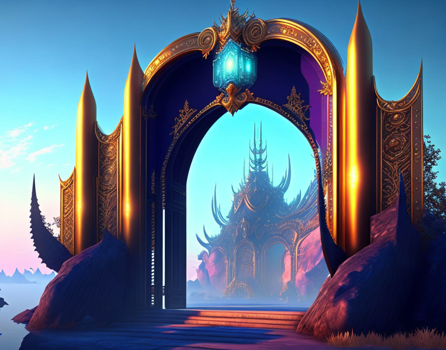 Intricate golden archway leading to mysterious castle at twilight