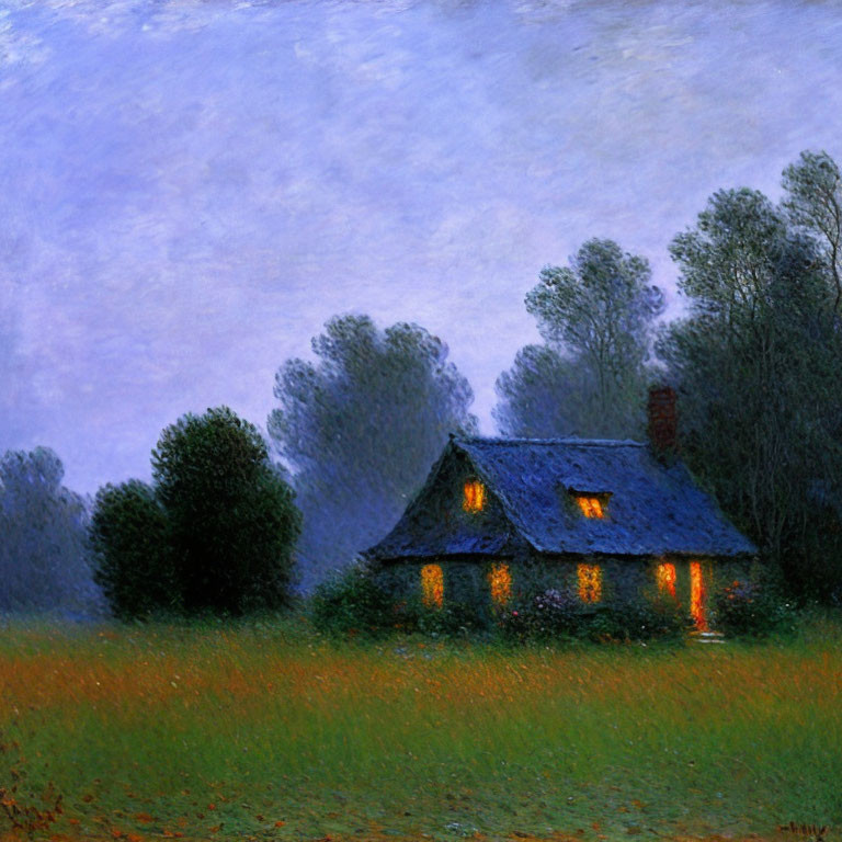 Twilight scene: Glowing cottage in misty field