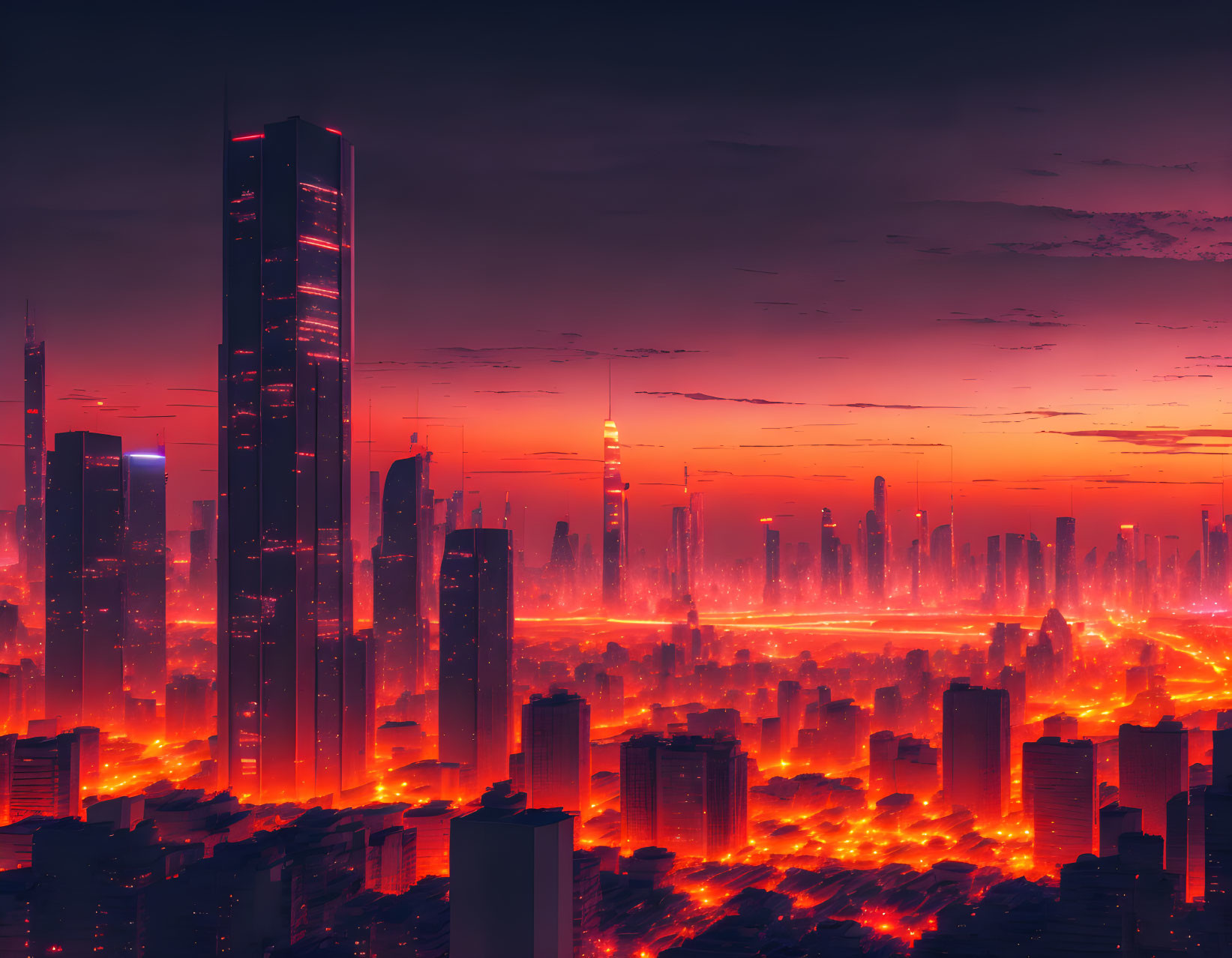 Vibrant futuristic cityscape at dusk with tall skyscrapers and glowing lights