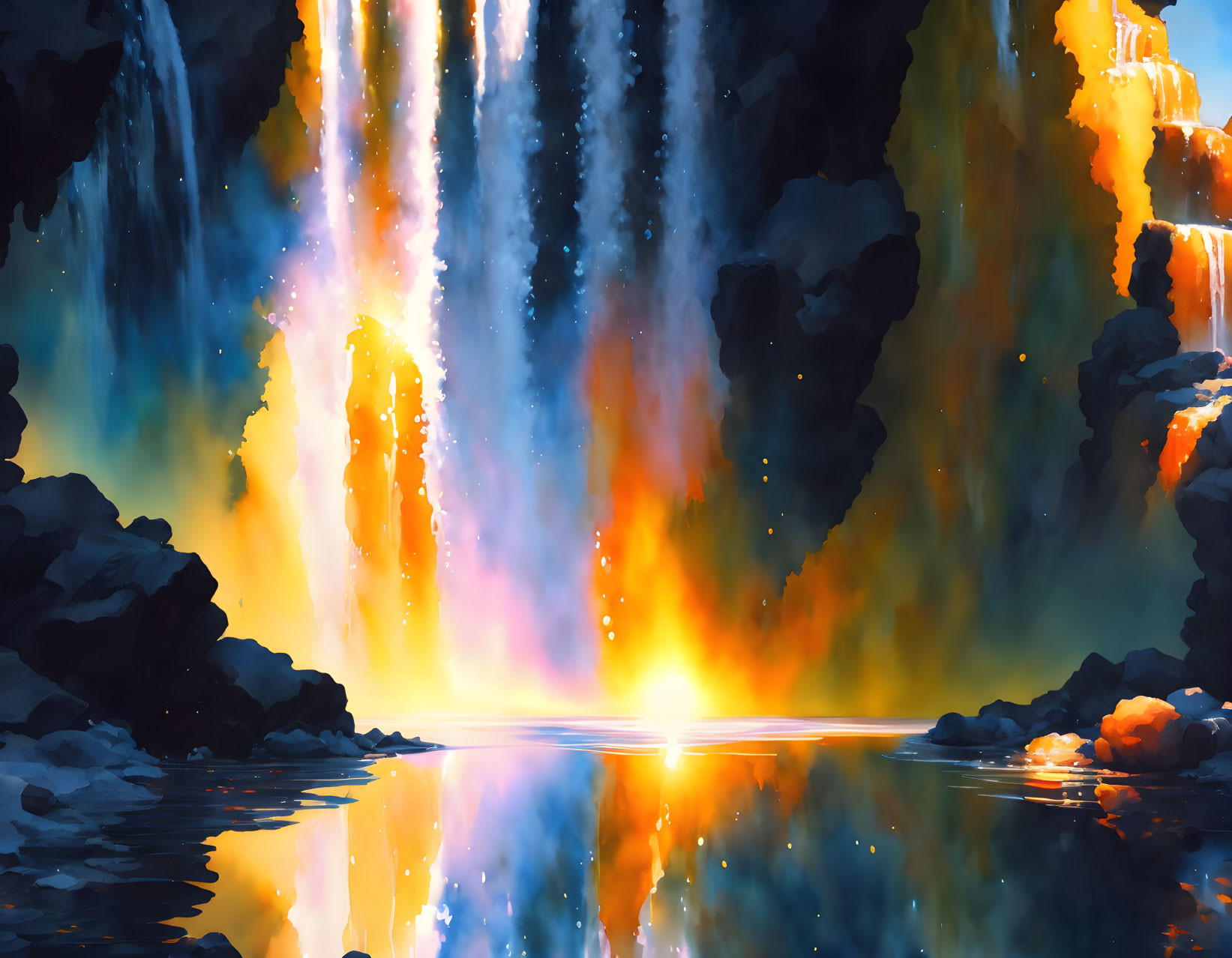 Digital Artwork: Vibrant Waterfall Sunset with Reflecting Pool