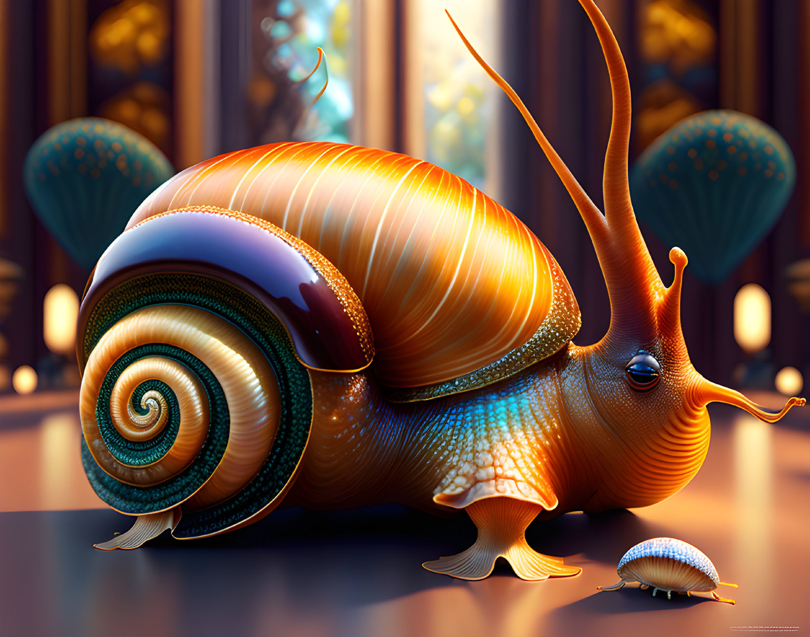 Colorful digital illustration of a snail in ornate hall with tall windows