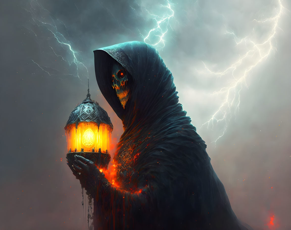 Hooded Figure with Skull-like Face and Glowing Lantern in Stormy Setting