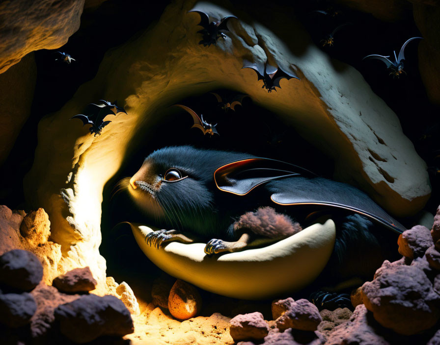 Chubby bat with banana surrounded by flying bats in cozy cave