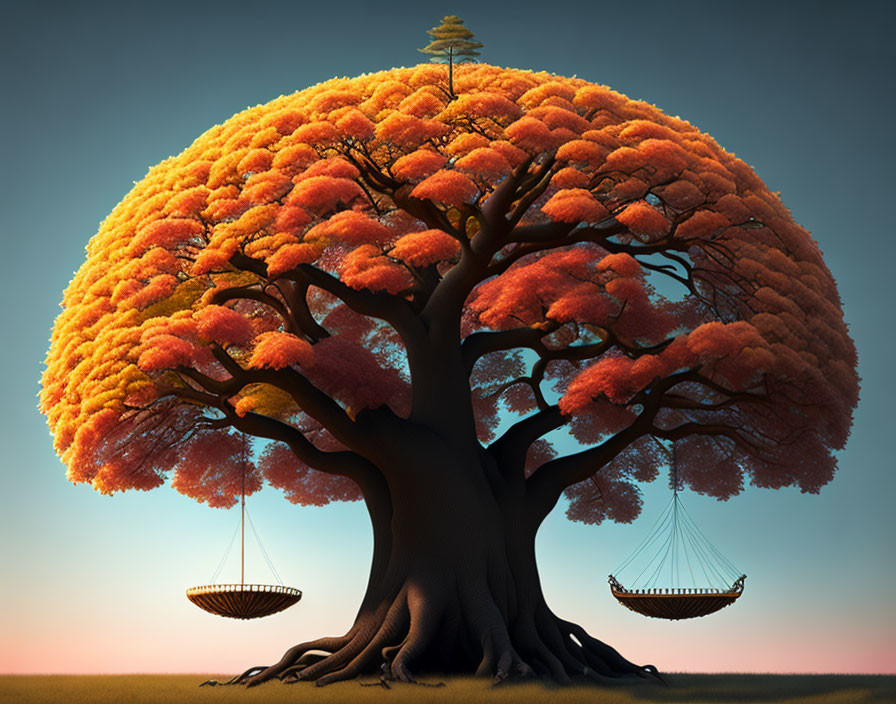 Gigantic tree with orange foliage, swings, small tree, serene sky