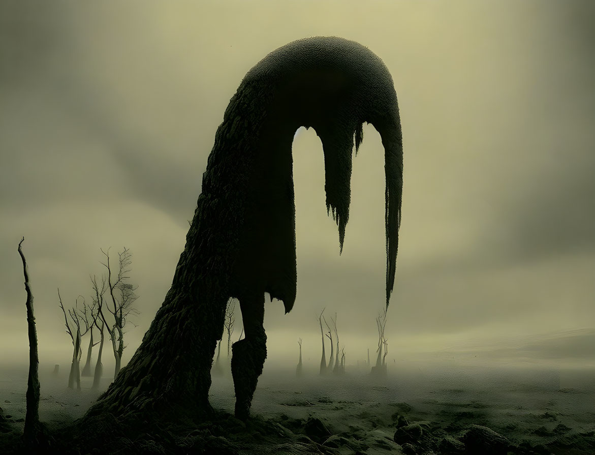 Surreal foggy landscape with arch-like structure and dark tendrils