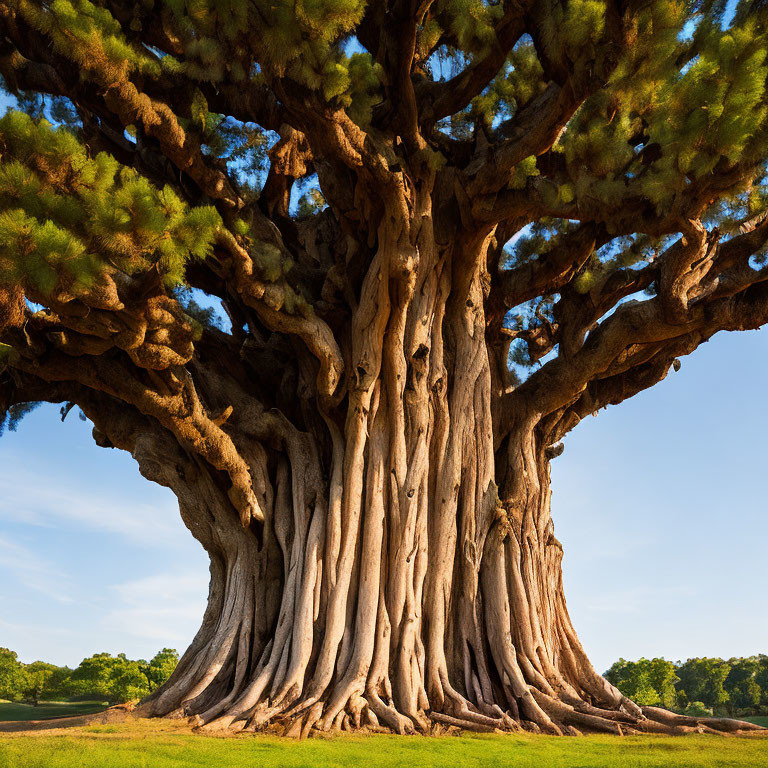 Large tree with thick trunk and wide green canopy under clear blue sky