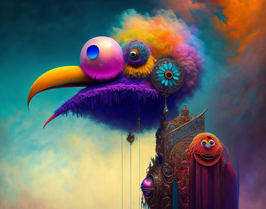 Colorful surreal artwork: bird with multiple eyes and textured feathers next to whimsical character