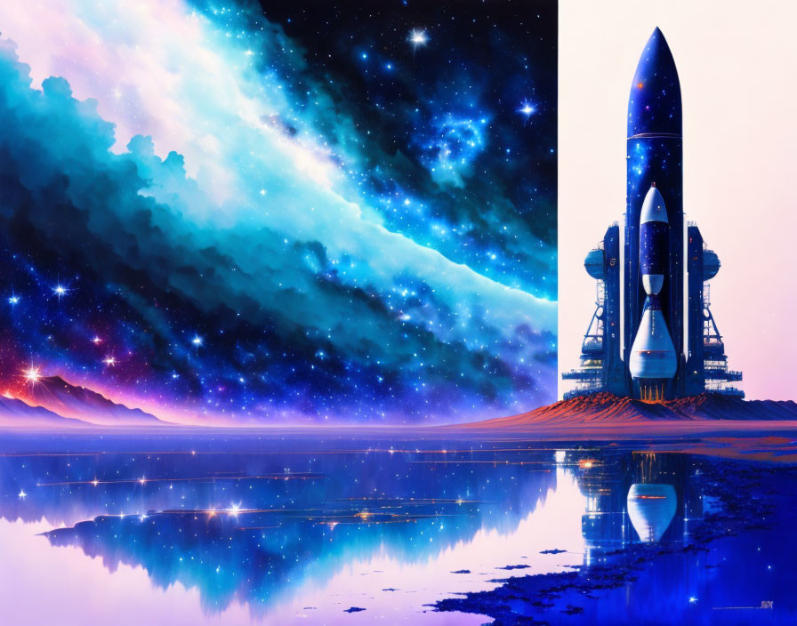 Colorful digital artwork: spaceship on launchpad with night sky and nebula reflection