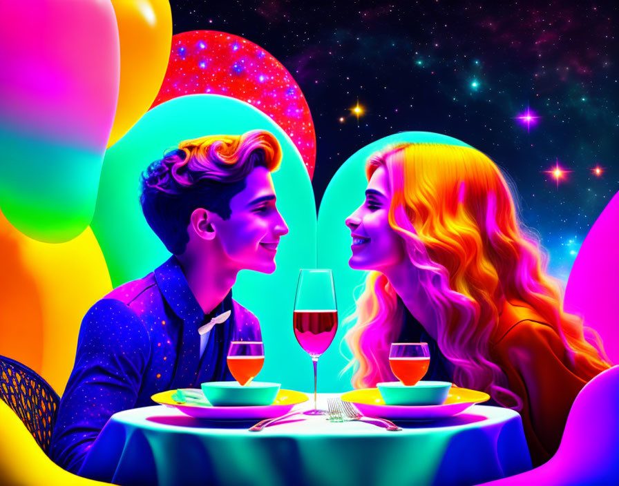 Colorful Cosmic Dinner Table Illustration with Couple and Wine Glasses