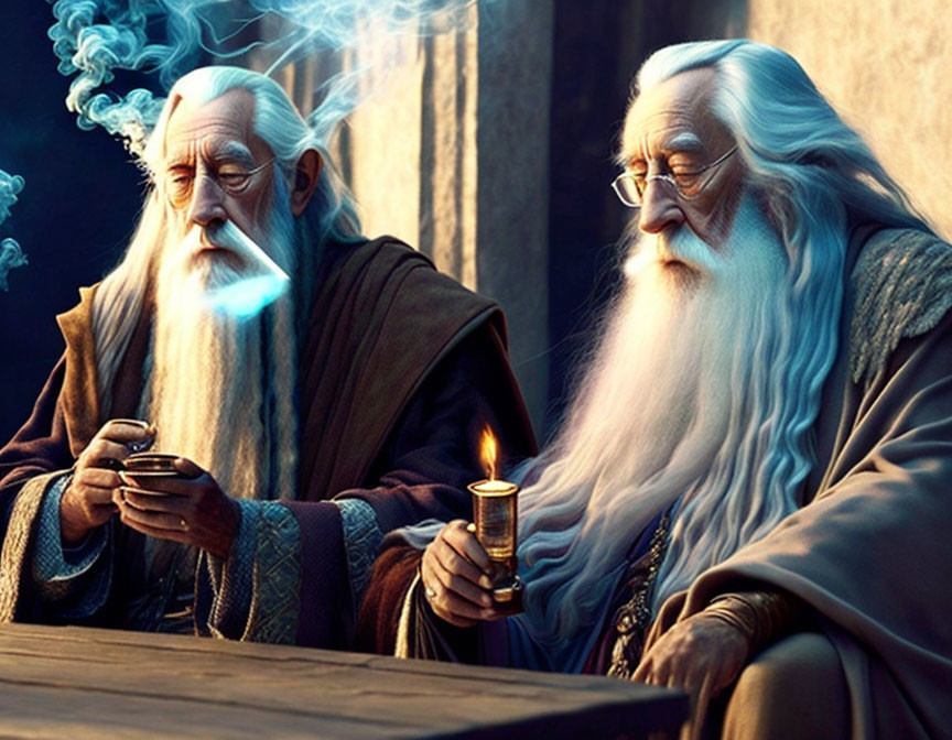 Elderly wizards with white beards at wooden table