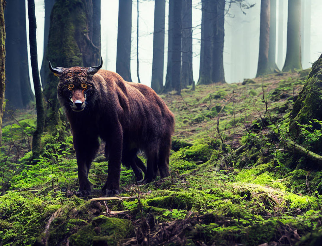 Bear with Owl-like Eyes in Misty Forest Scene