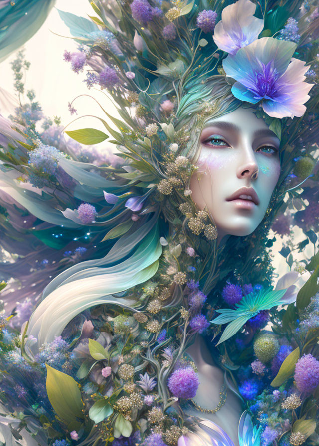 Fantastical female figure surrounded by vibrant flowers, leaves, and feathers