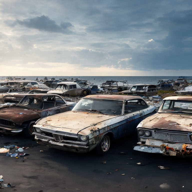 Abandoned Rusting Cars Under Dramatic Sky
