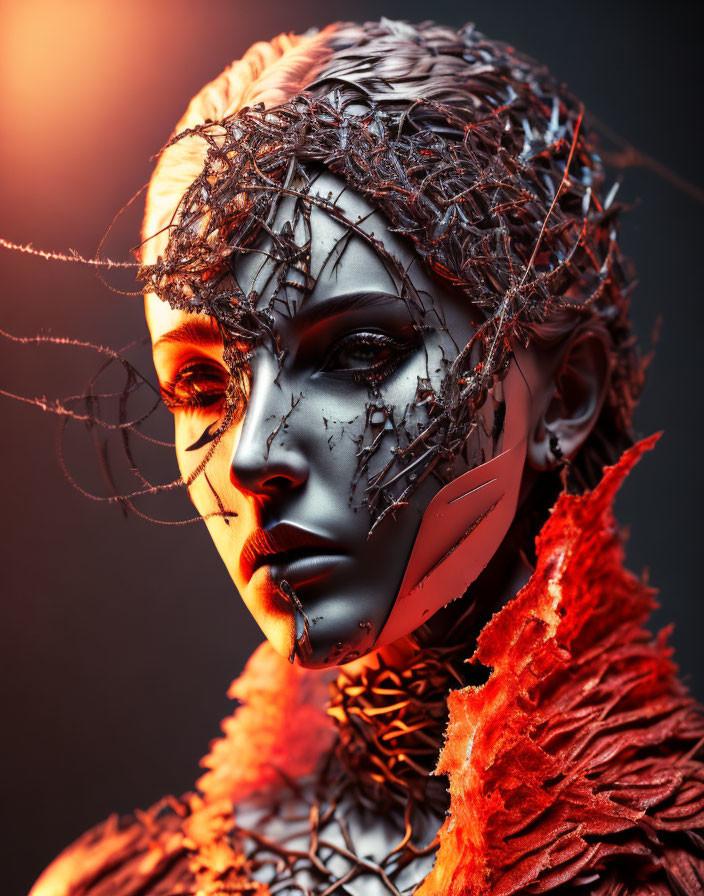 Fragmented metallic face and wire crown on humanoid figure in conceptual art piece