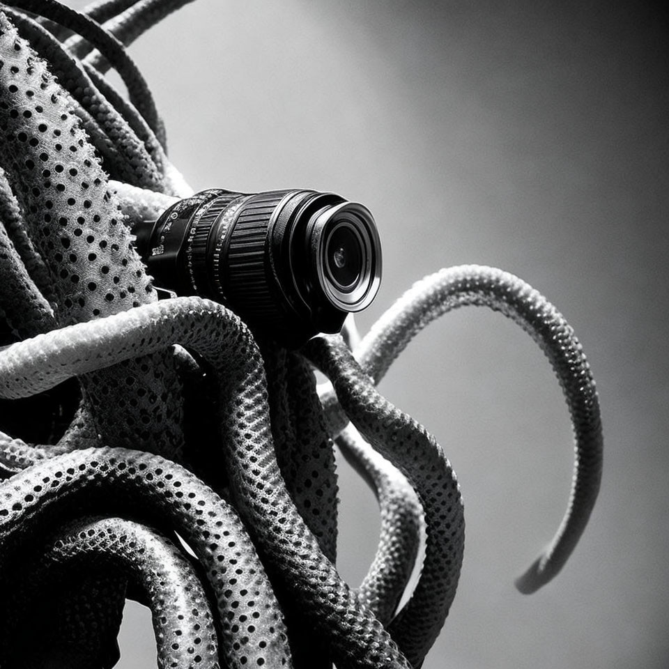 Octopus wrapping around camera lens on monochrome backdrop