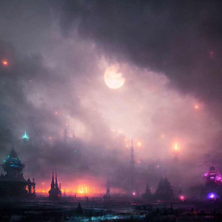 Misty cityscape night scene with illuminated towers under pink and purple sky