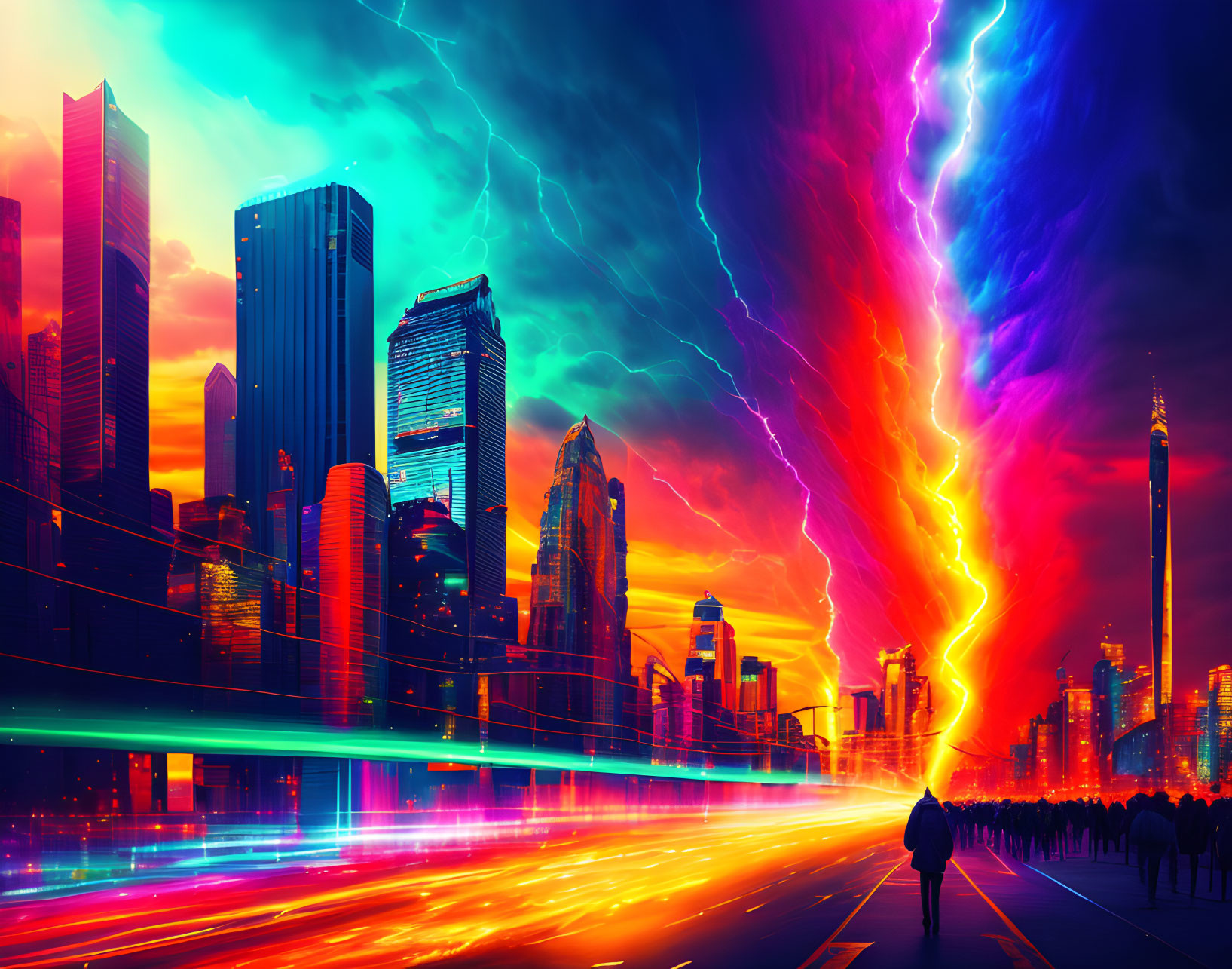 Colorful lightning bolt splits vibrant cityscape in half with warm and cool tones, lone figure in center