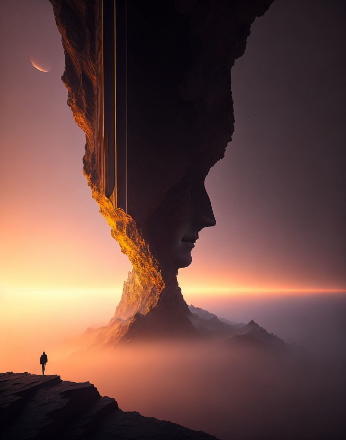 Person standing on cliff at sunset facing profile rock formation with crescent moon.