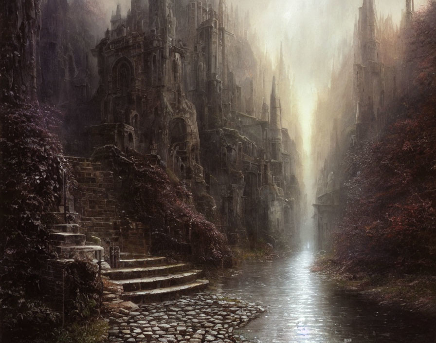 Ethereal ancient city with gothic architecture in mystical light