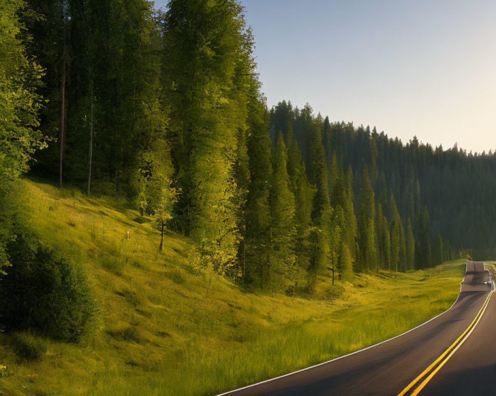 Tranquil country road winding through lush green forest