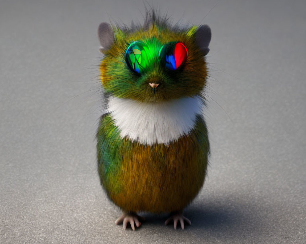 Colorful fluffy rodent with vibrant green and orange fur and multicolored eyes