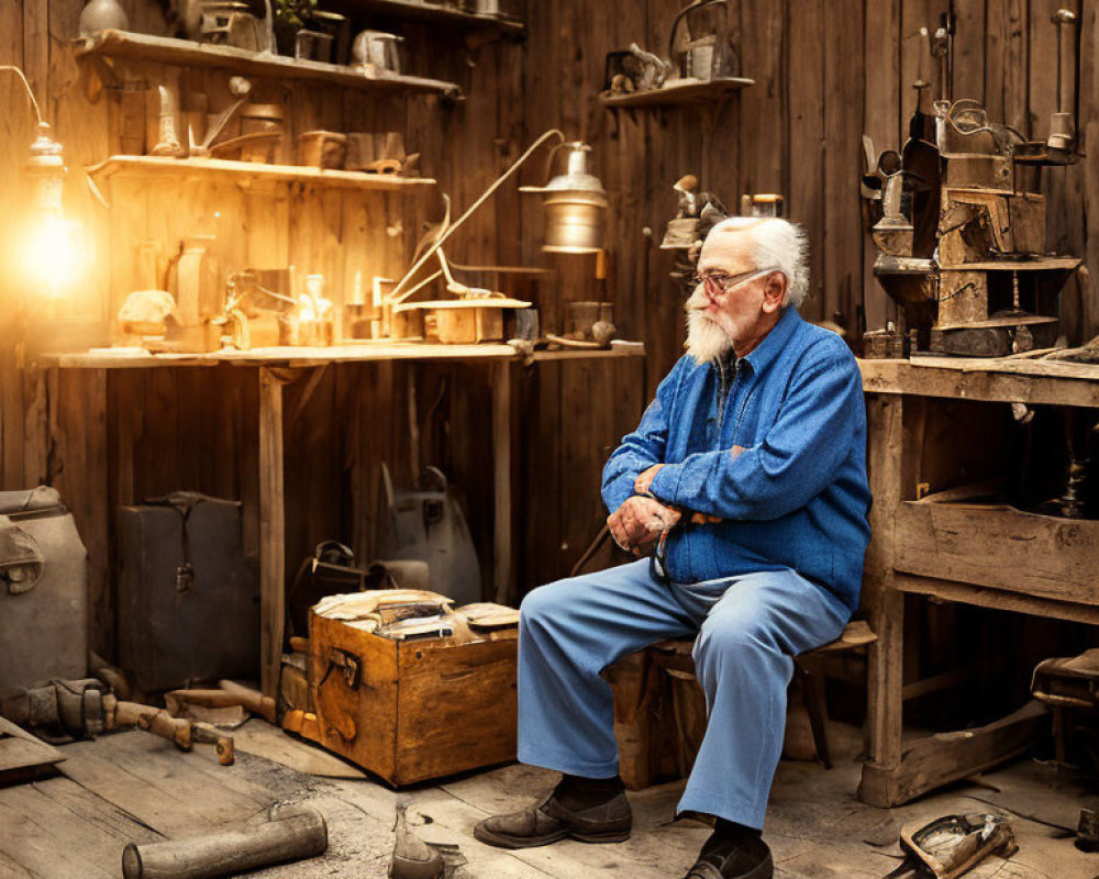 Elderly man in blue sweater and glasses in rustic workshop