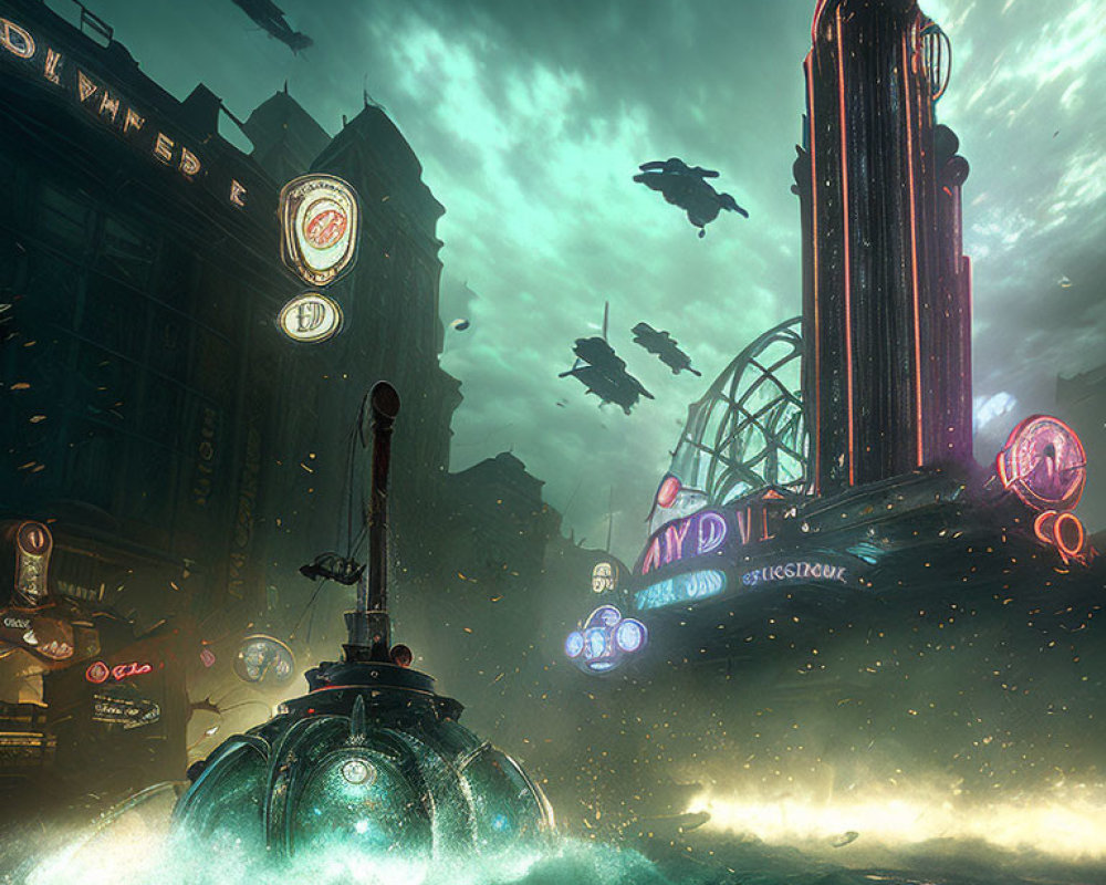 Futuristic Neo-Noir Cityscape with Submarine and Flying Vehicles