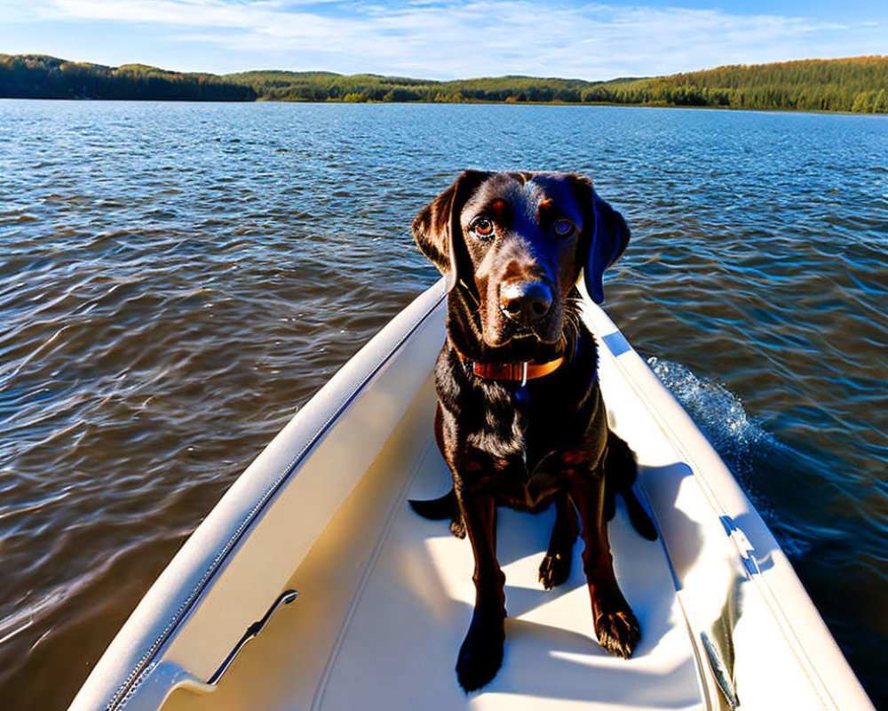 Black dog on boat bow with blue waters, forested shoreline, and sunny sky