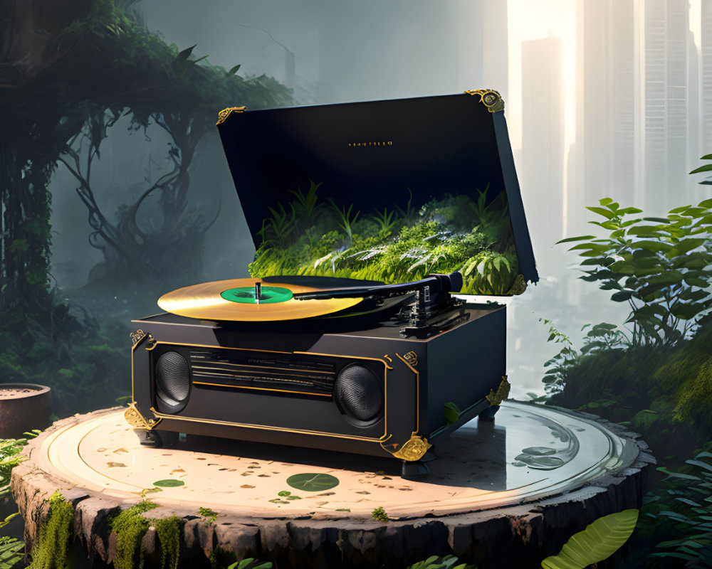 Vintage record player with greenery on tree stump in foggy forest