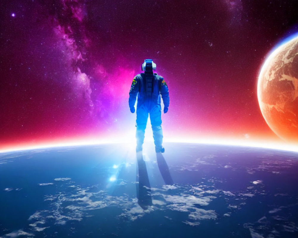 Astronaut standing on planet with purple galaxy and Earth-like planet horizon