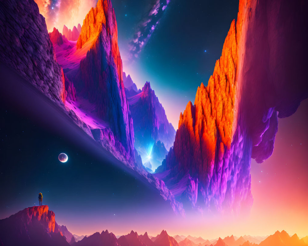 Vibrant Orange and Purple Landscape with Towering Cliffs