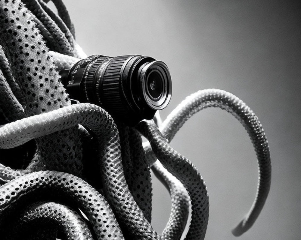 Octopus wrapping around camera lens on monochrome backdrop