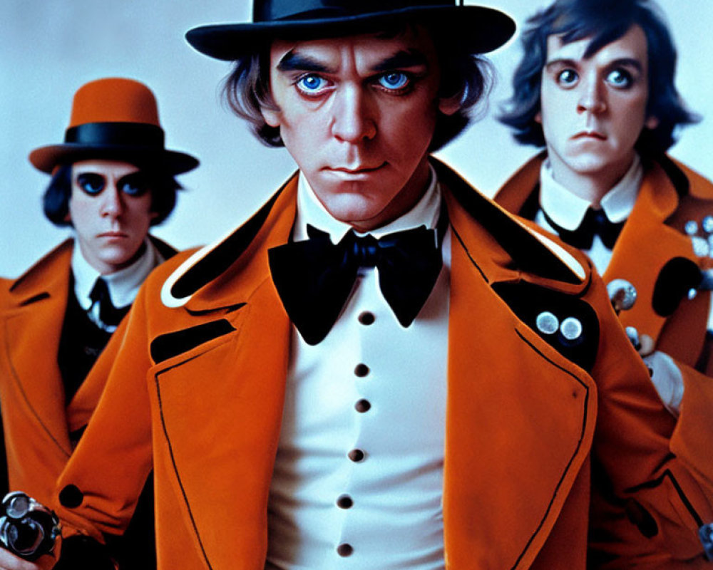 Three People in Orange Jackets and Top Hats with Cane on Blue Background