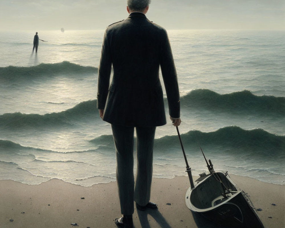 Man with umbrella on beach gazes at surreal ocean scene with figure standing on water, low sun.