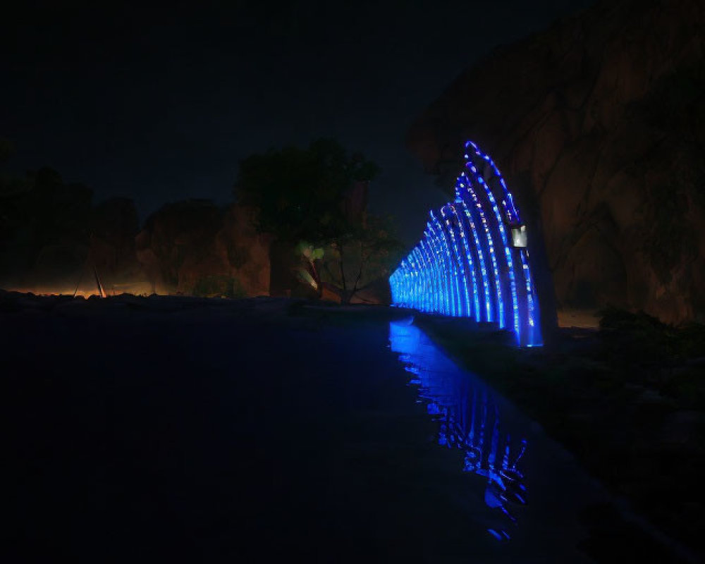 Blue illuminated archway reflected in water near rock formations and solitary tree