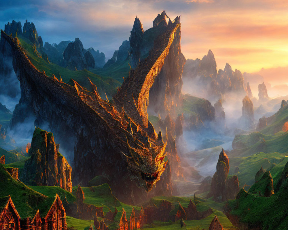 Dragon-shaped Mountain Overlooking Fantasy Landscape with Green Hills and Mysterious Fog at Sunrise