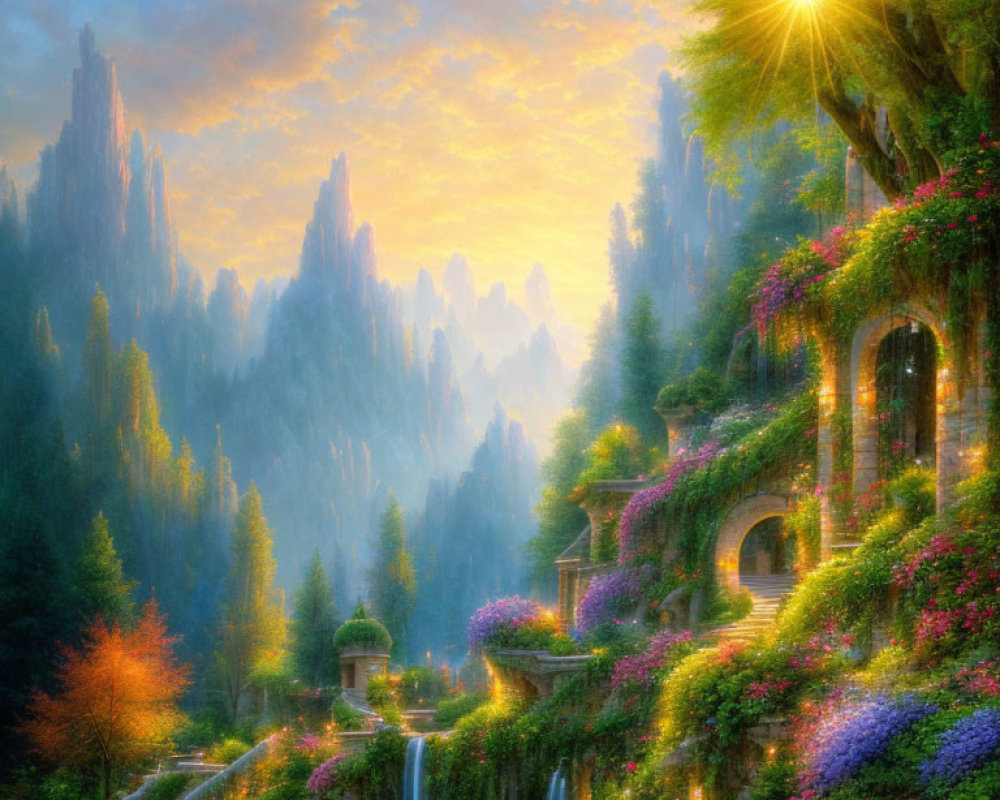 Fantasy landscape with lush greenery, waterfalls, and colorful sky